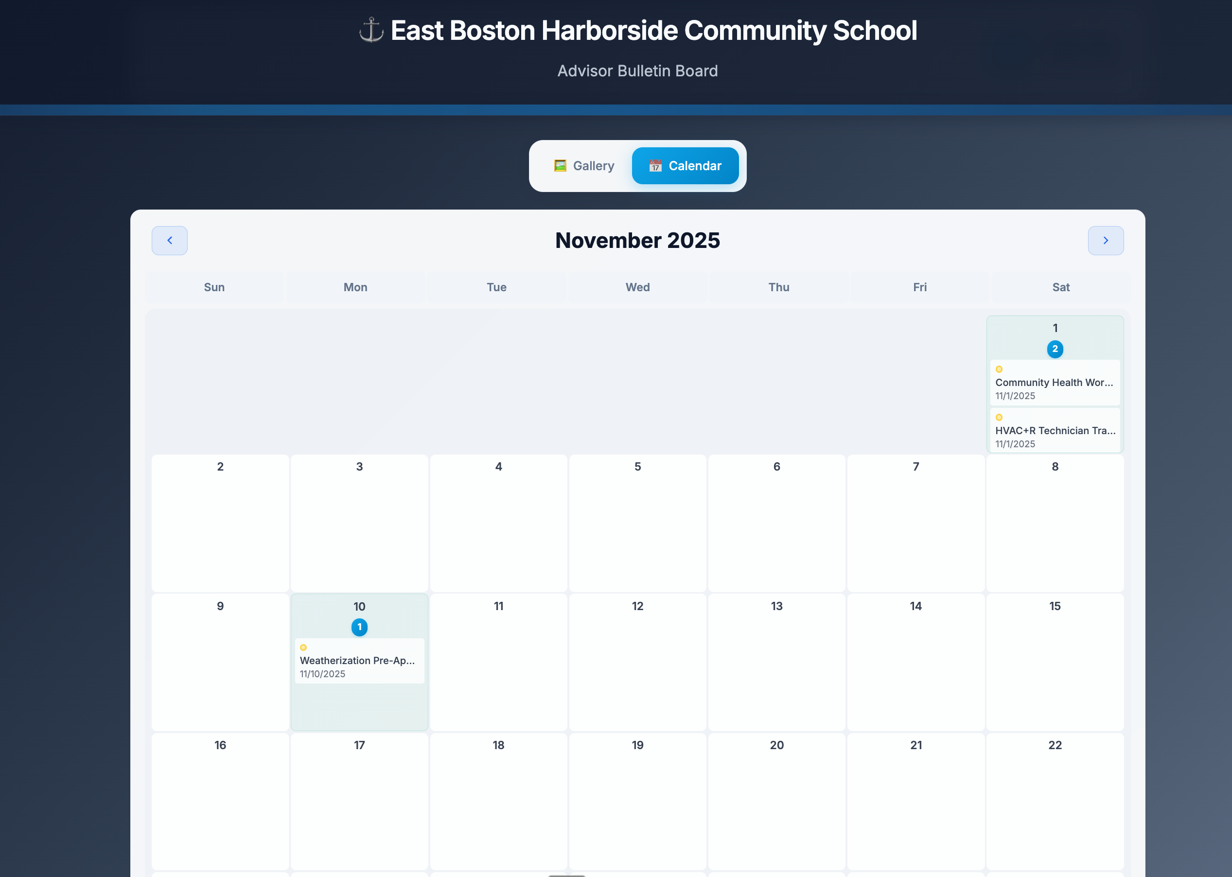 Advisor Bulletin Board Calendar View