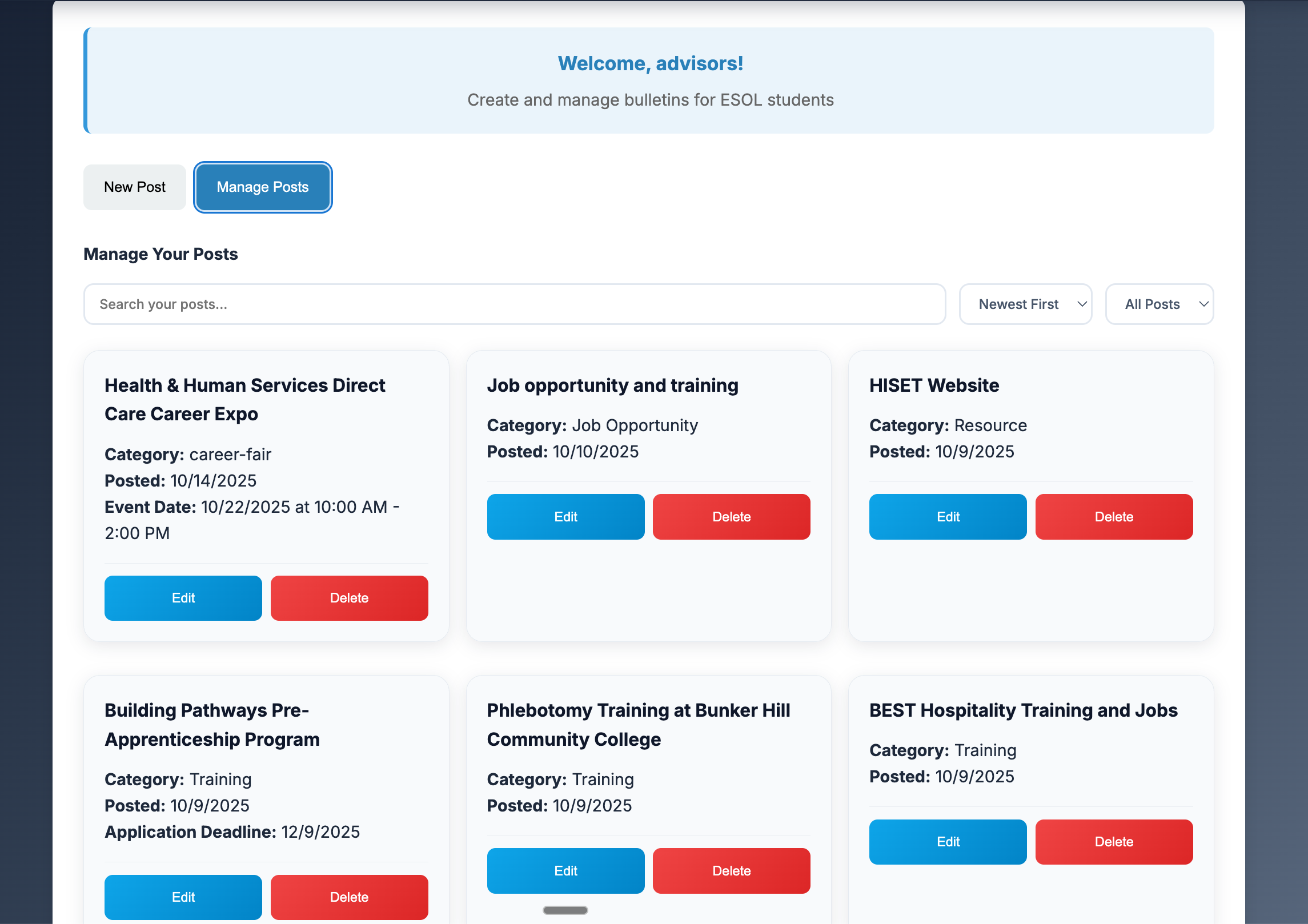 Manage Posts Interface