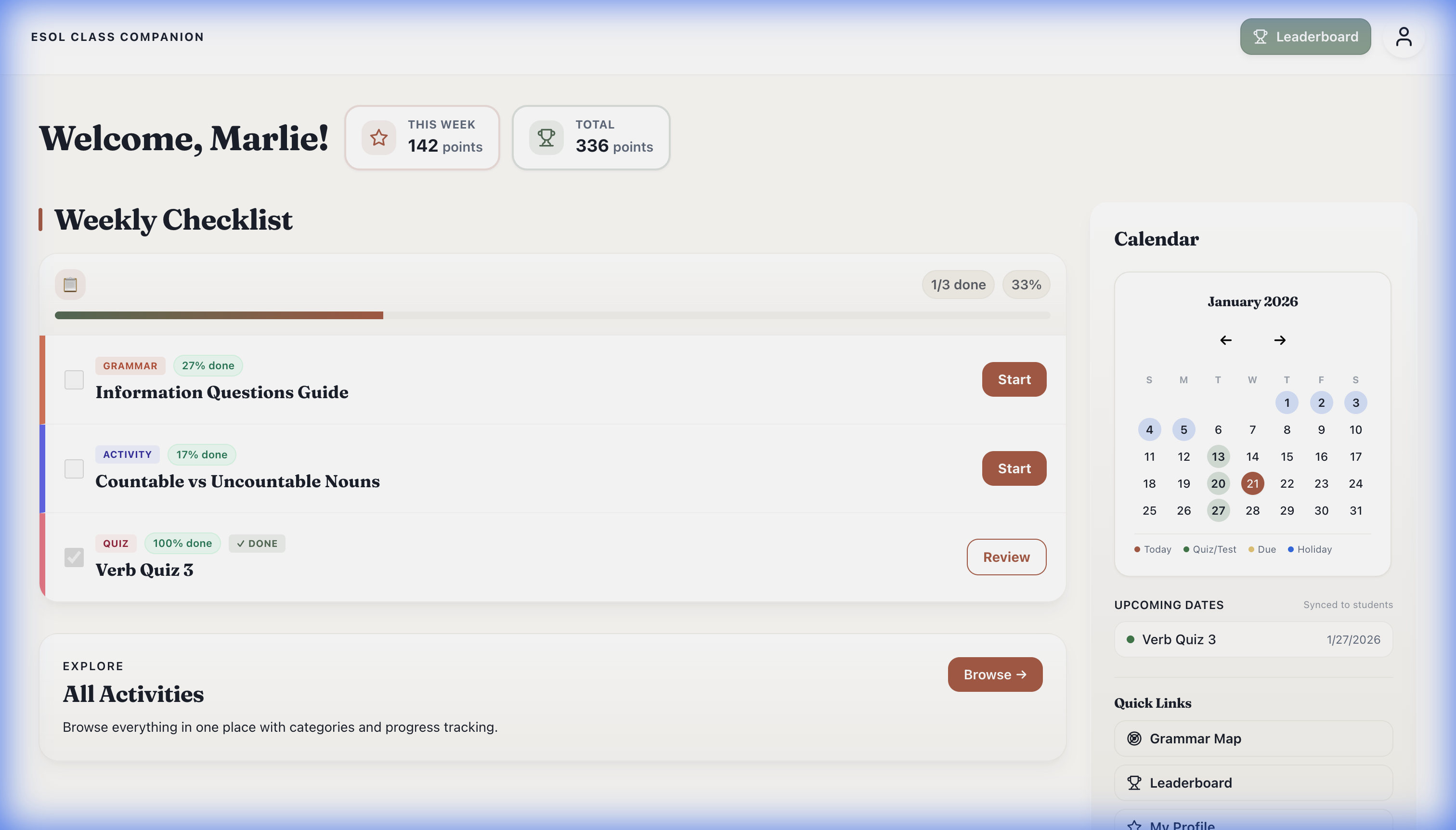 ESOL Learning Hub Dashboard