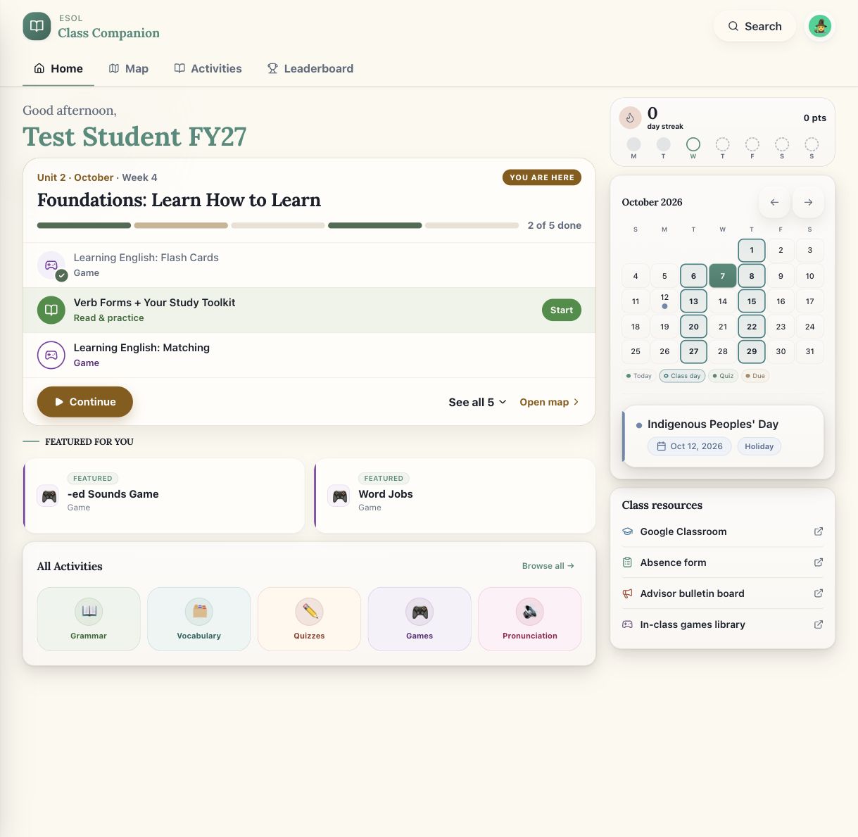 My ESOL App learner dashboard: this week's activities, progress, a Continue button, a calendar, and class resources