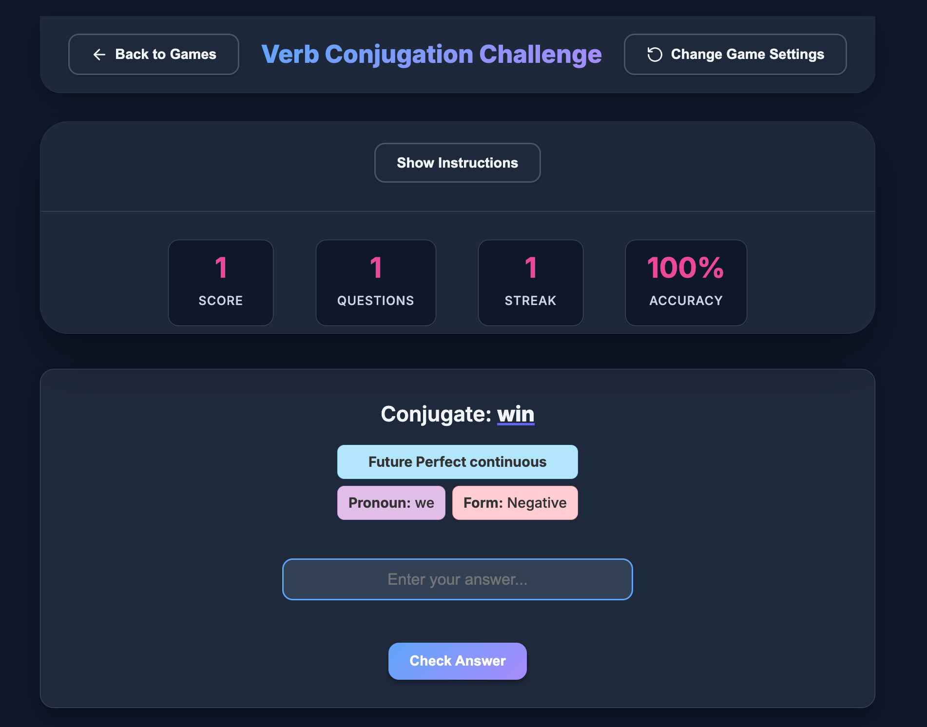 Random Verb Conjugation Game