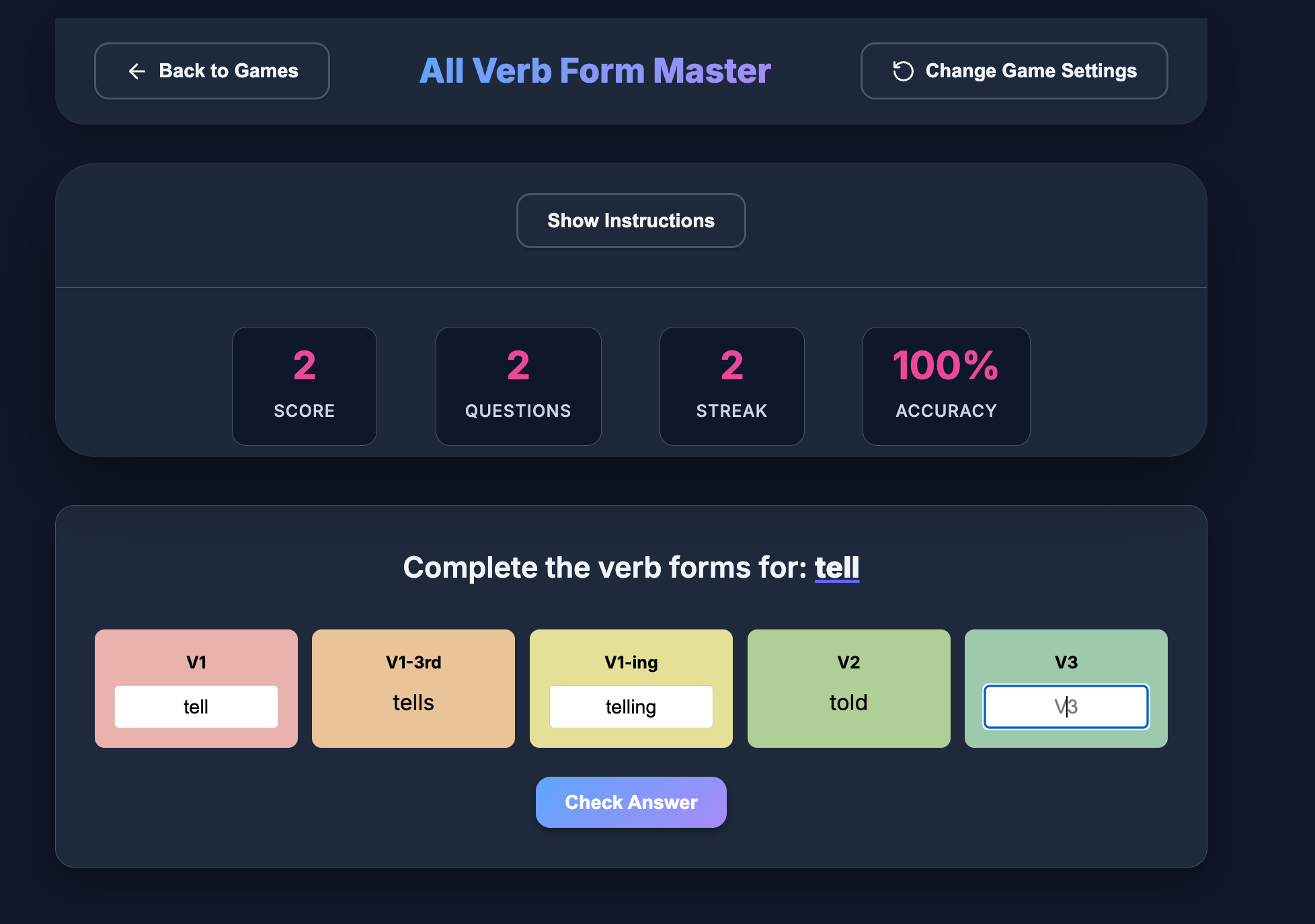 Verb Form Challenge Game