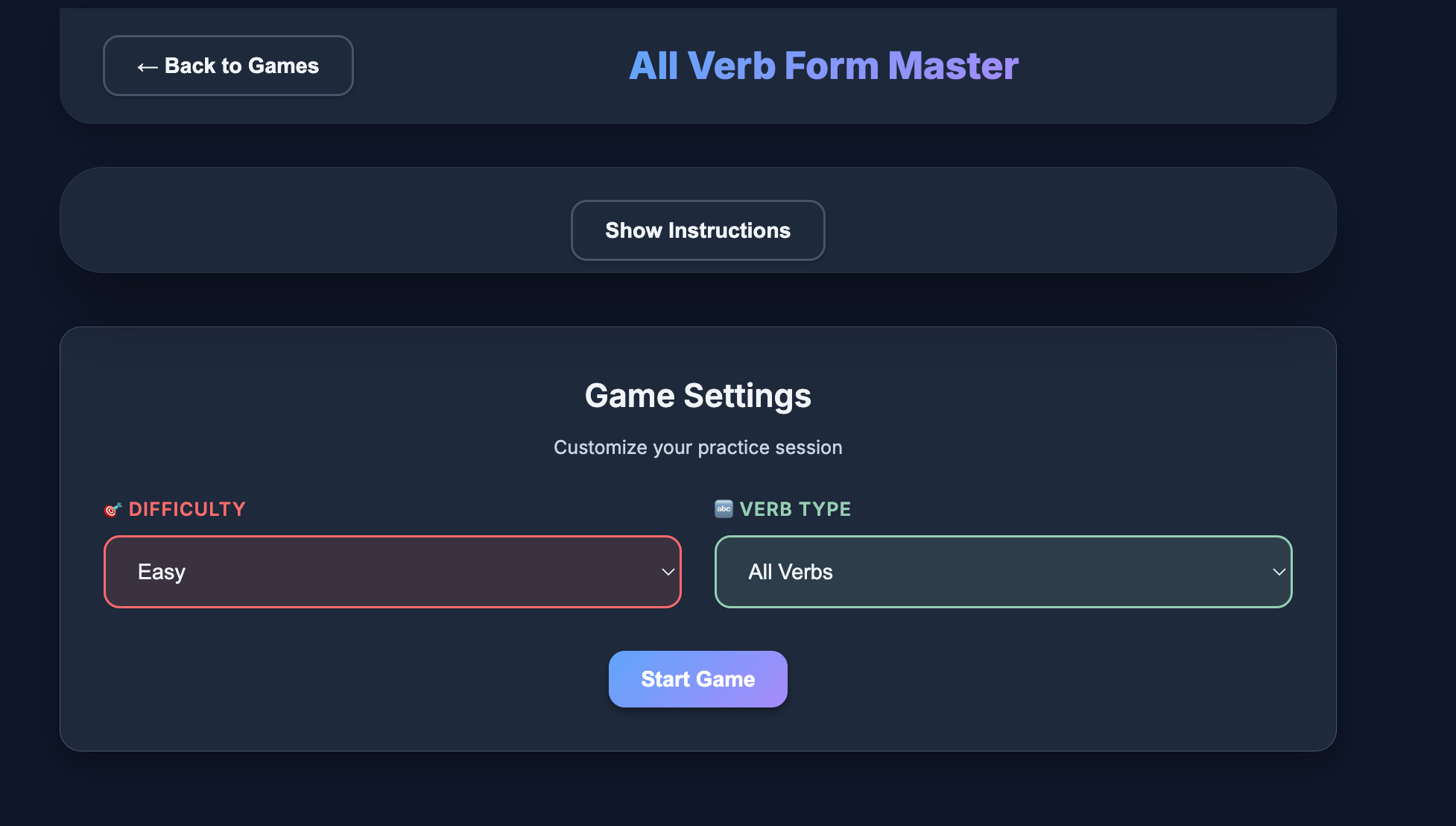 Verb form grid with adaptive blanks