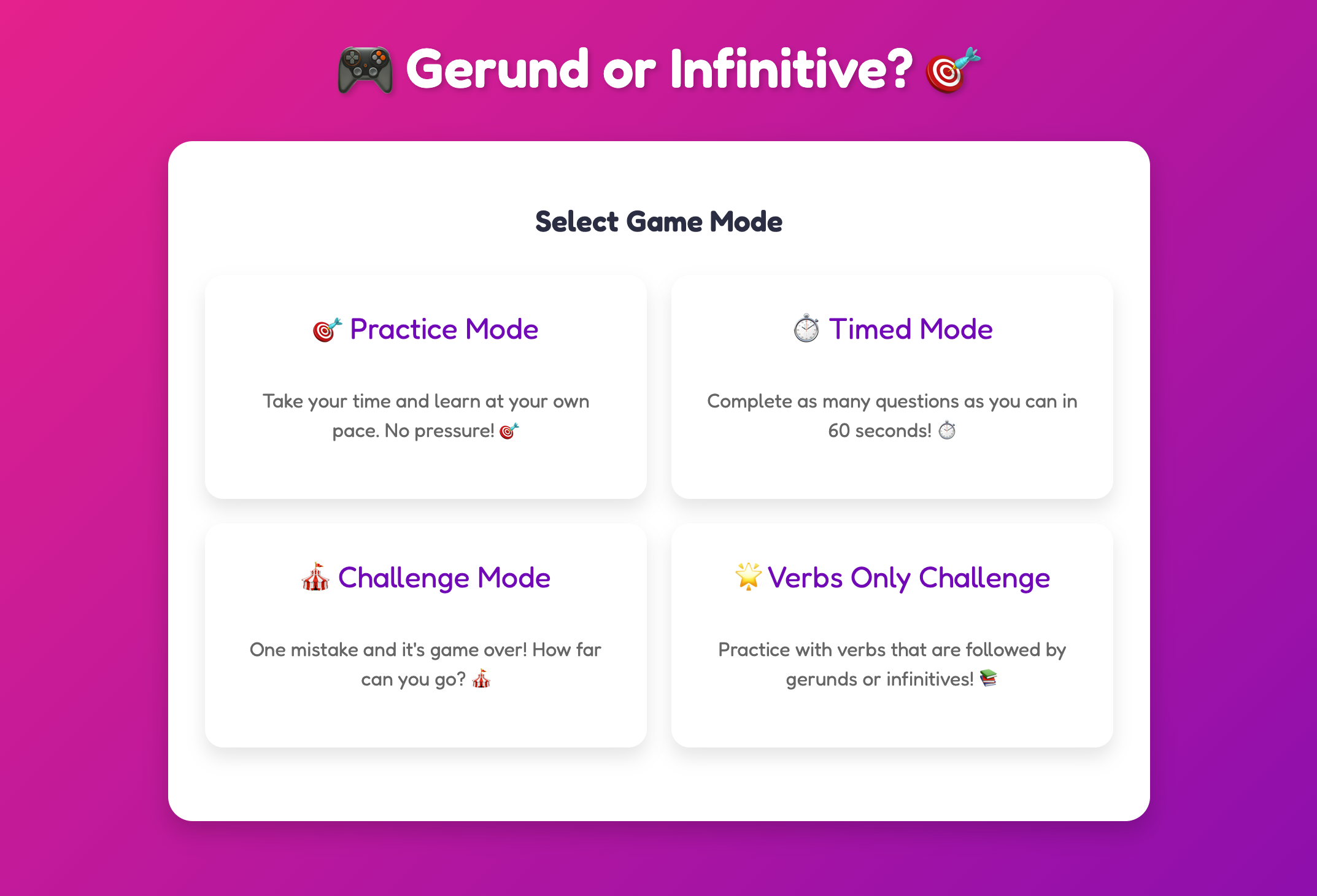 Gerund or Infinitive Game