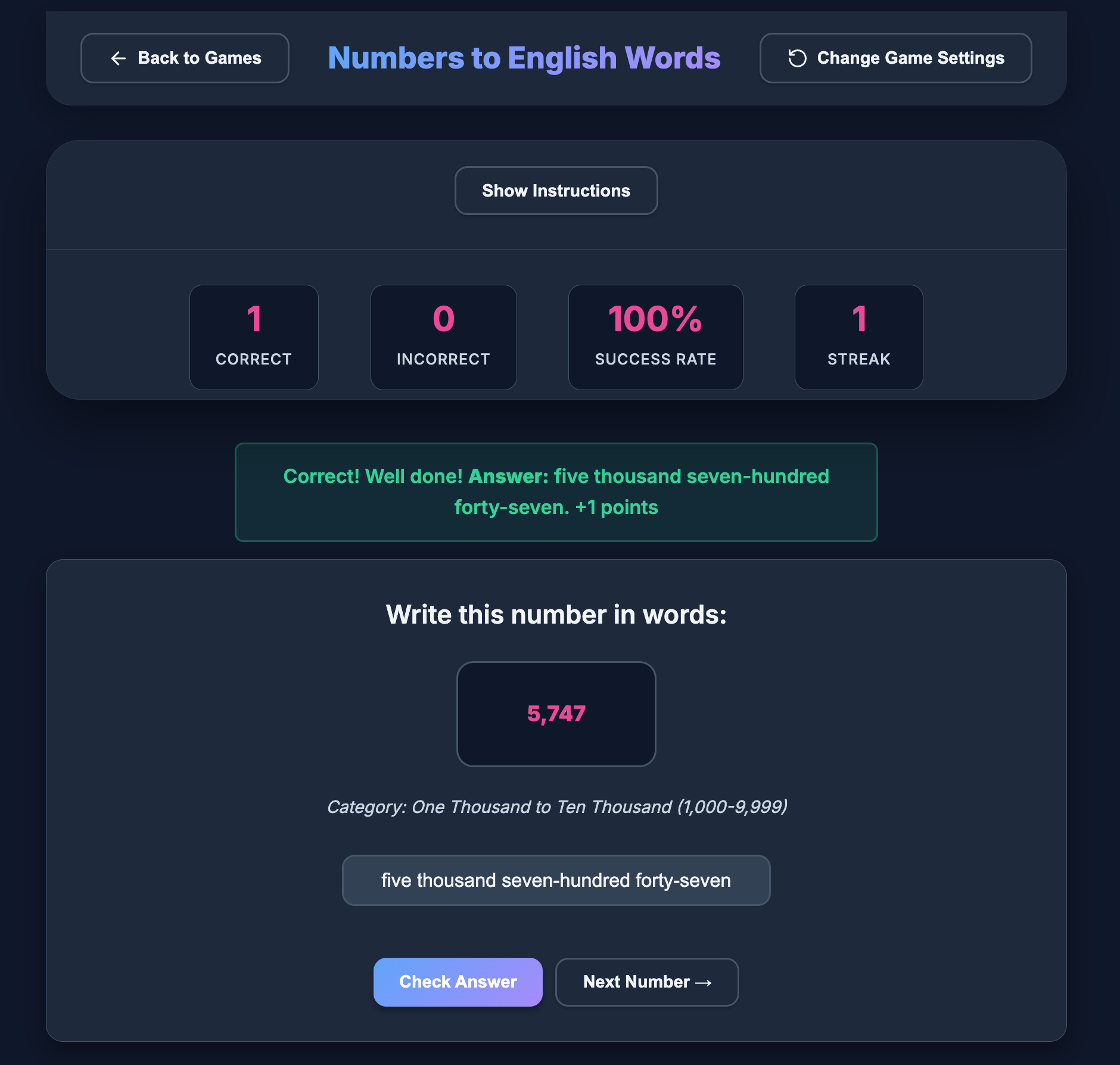 English Numbers Game